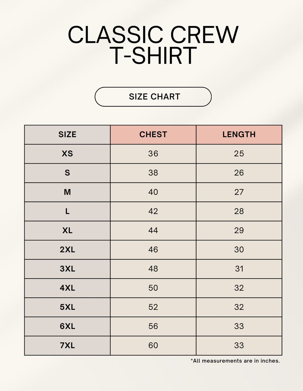 Classic crew t-shirt size chart table with chest and length in inches