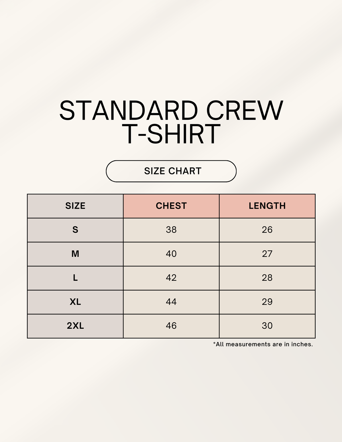 Standard crew T-shirt size chart with chest and length measurements in inches