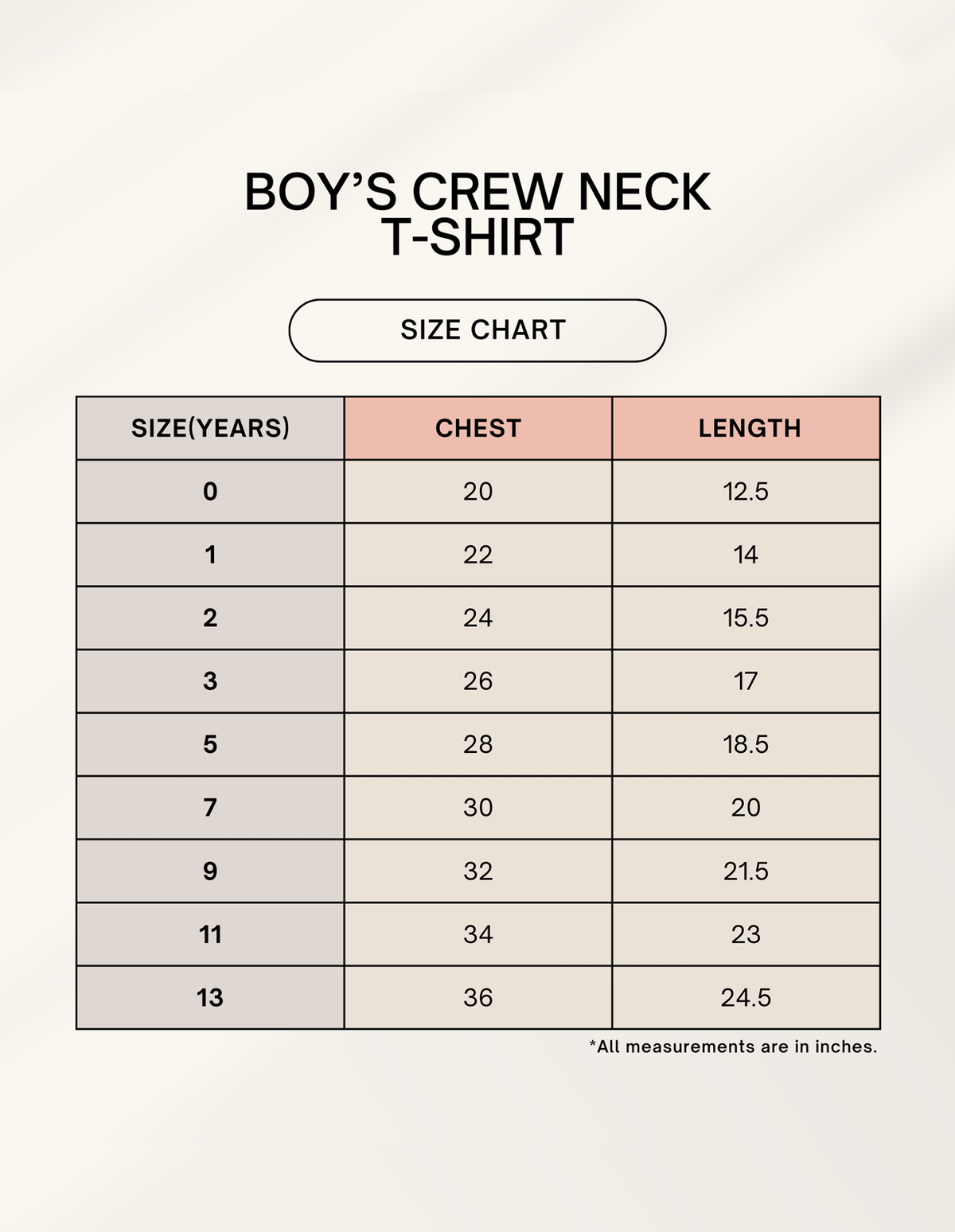 Boys crew neck T-shirt size chart with chest and length measurements table