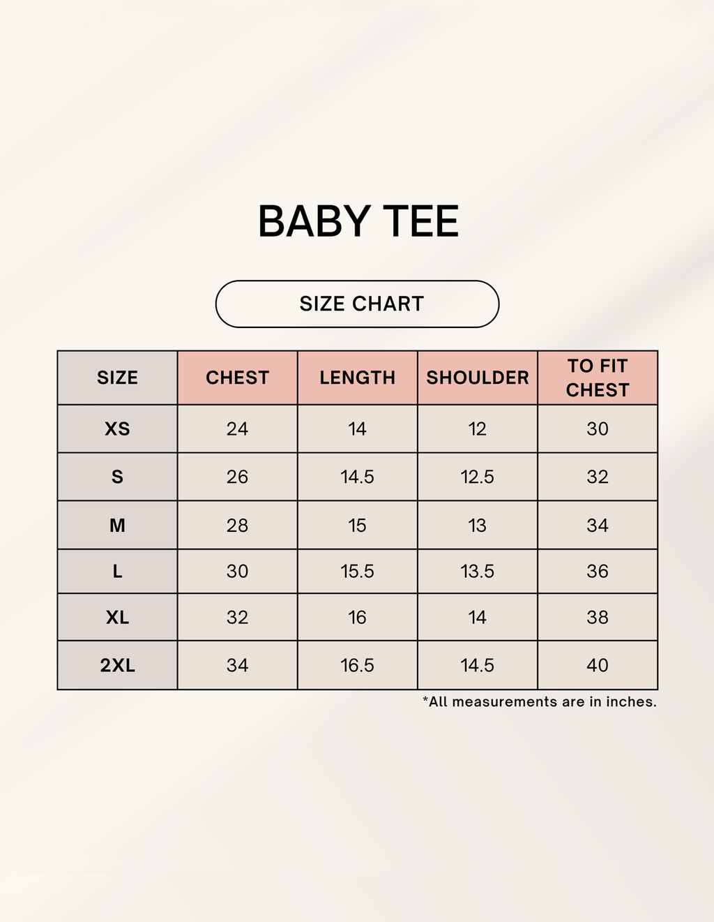 Size chart table for fitted crop baby tee (women's graphic)