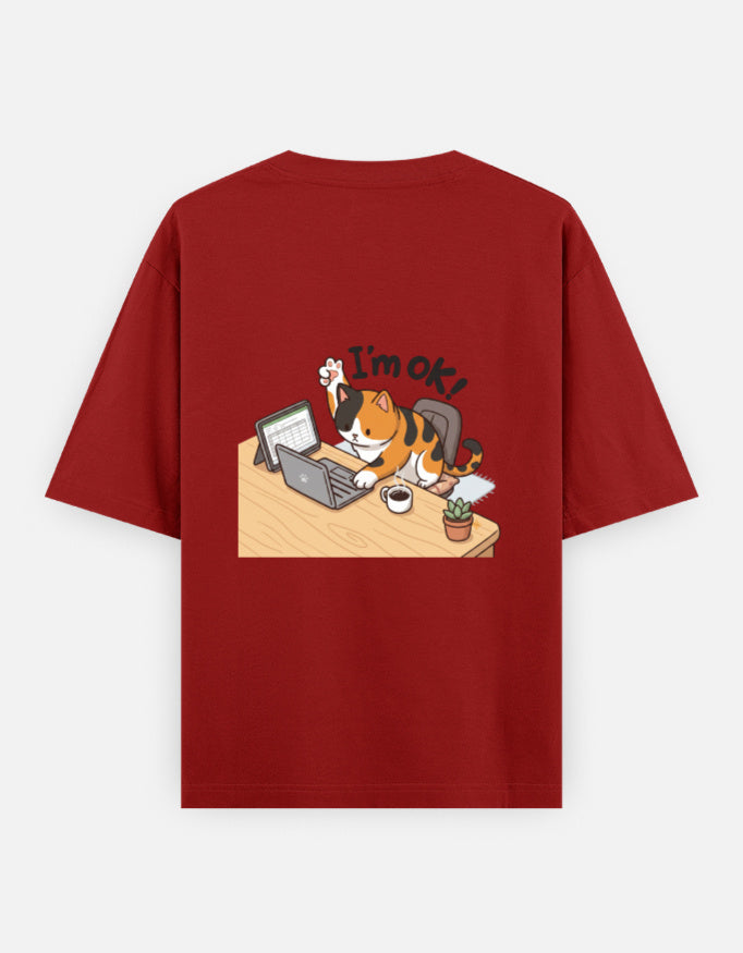 Red unisex oversized crewneck T-shirt, back graphic of cat at typewriter