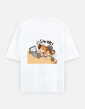 White unisex oversized crewneck T-shirt, back graphic of cat at typewriter