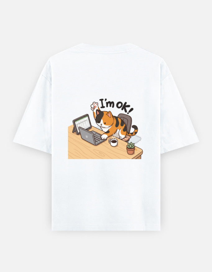 White unisex oversized crewneck T-shirt, back graphic of cat at typewriter