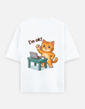 White oversized round-neck T-shirt with “I’m ok!” orange cat desk graphic
