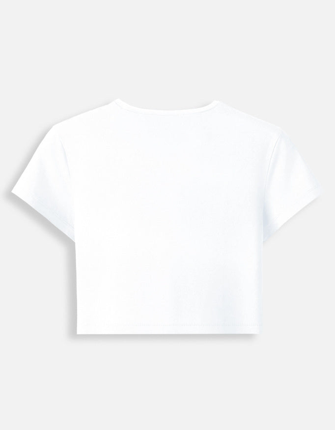 Women’s fitted crop baby tee, white, plain back with crew neckline