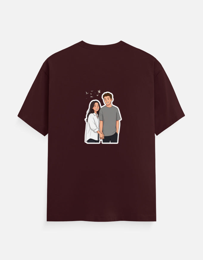 Maroon unisex crew neck t-shirt with small couple graphic on the chest