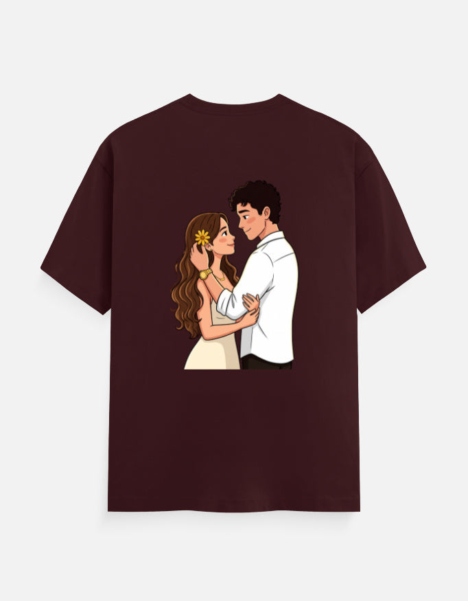 Maroon unisex crew-neck T-shirt with colorful couple illustration at center chest