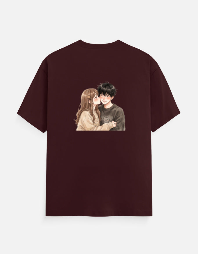 Maroon unisex crew neck T-shirt with couple portrait graphic on the chest