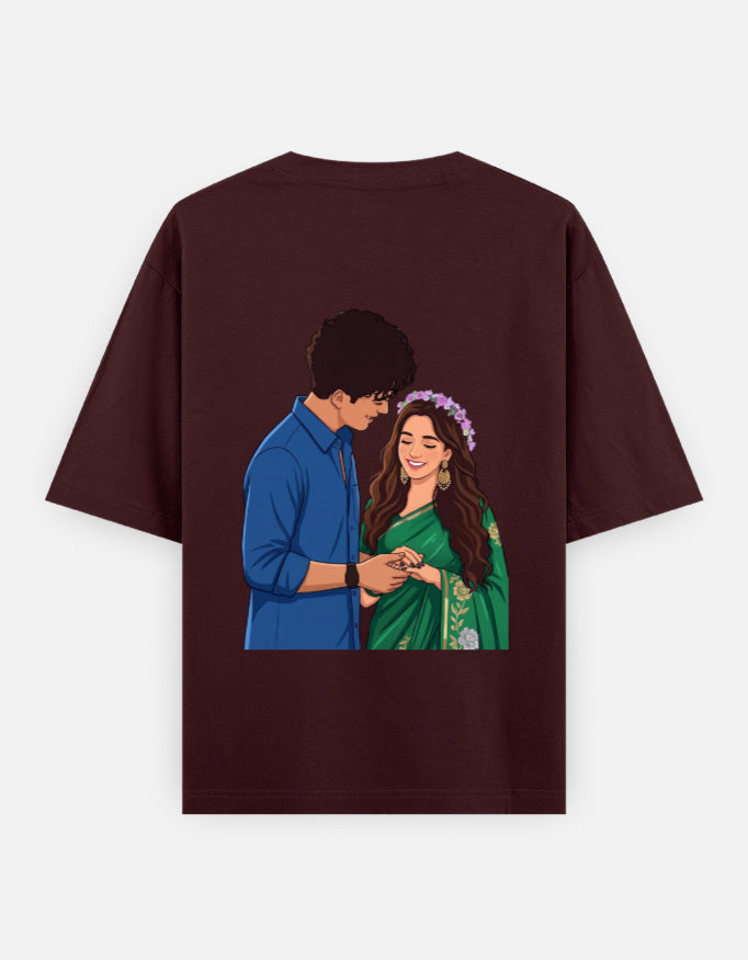 Maroon unisex oversized round-neck T-shirt with couple portrait graphic on back