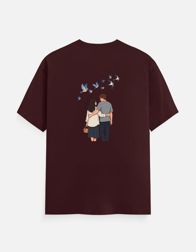 Maroon unisex crewneck T-shirt with printed couple and birds graphic on front