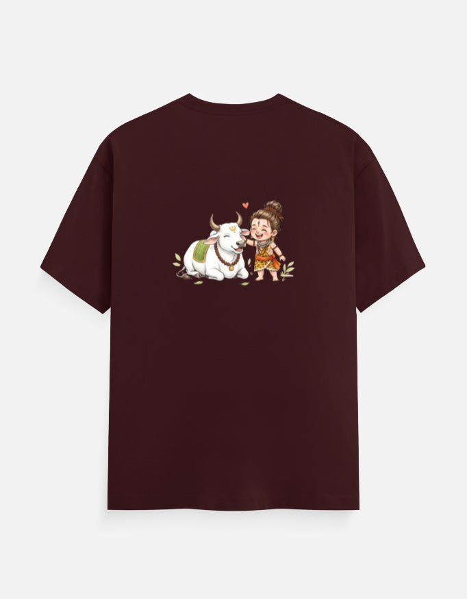 Maroon unisex graphic crew-neck t-shirt with centered cartoon cow and child print