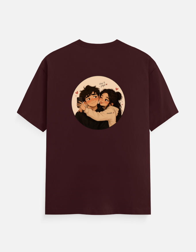Unisex crew neck T-shirt, maroon, short sleeves, front round graphic print