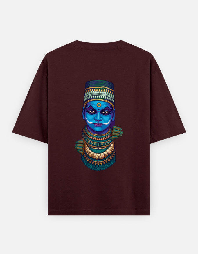 Unisex oversized round-neck T-shirt in maroon with colorful blue face graphic print
