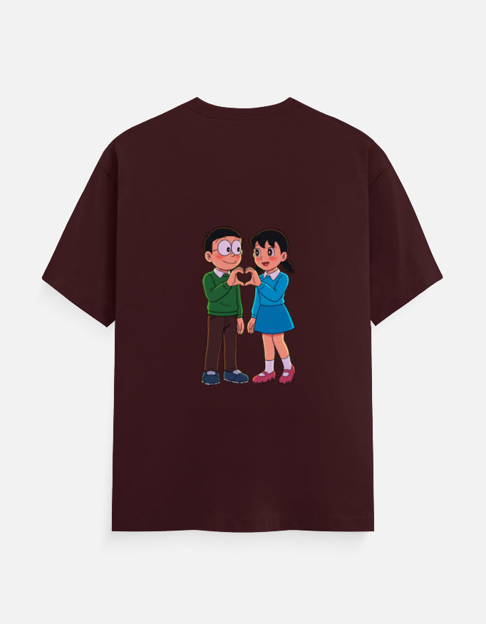 Burgundy unisex crewneck T-shirt with printed cartoon couple at center chest