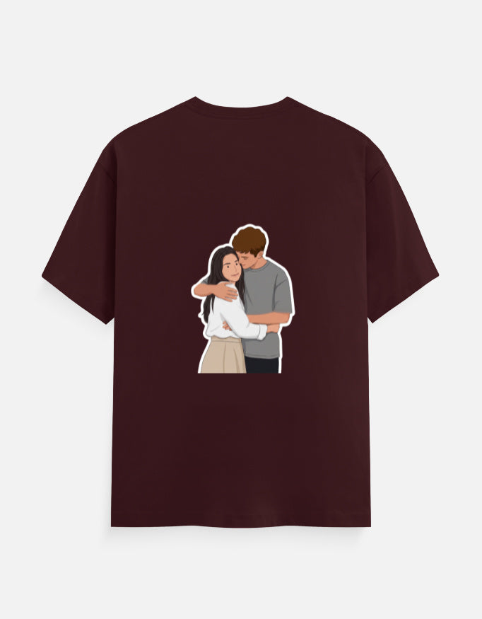 Maroon unisex crewneck T-shirt with front couple graphic illustration.