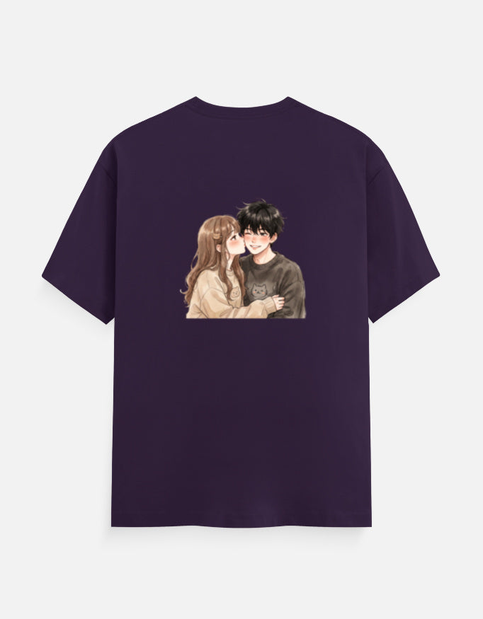 Purple unisex crew neck T-shirt with couple portrait graphic on the chest