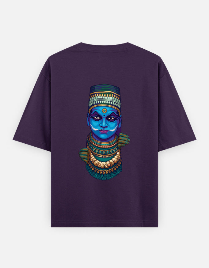 Unisex oversized round-neck T-shirt in purple with colorful blue face graphic print
