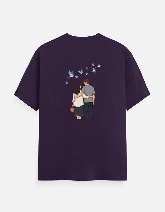 Purple unisex crewneck T-shirt with printed couple and birds graphic on front