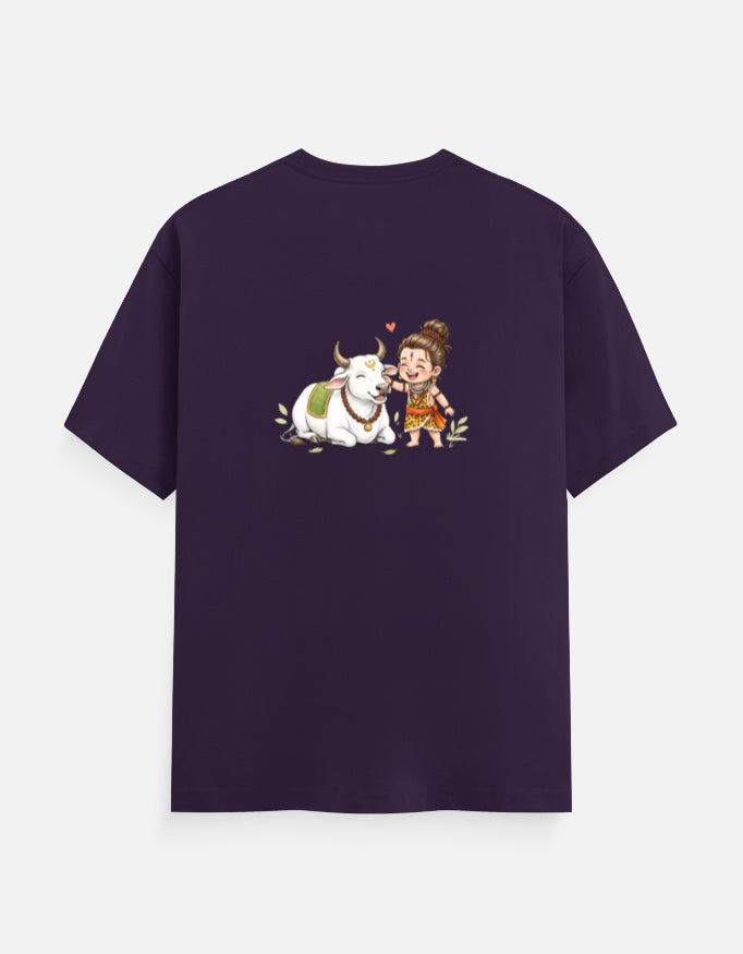 Purple unisex graphic crew-neck t-shirt with centered cartoon cow and child print
