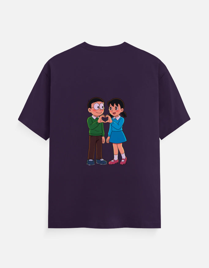 Purple unisex crewneck T-shirt with printed cartoon couple at center chest