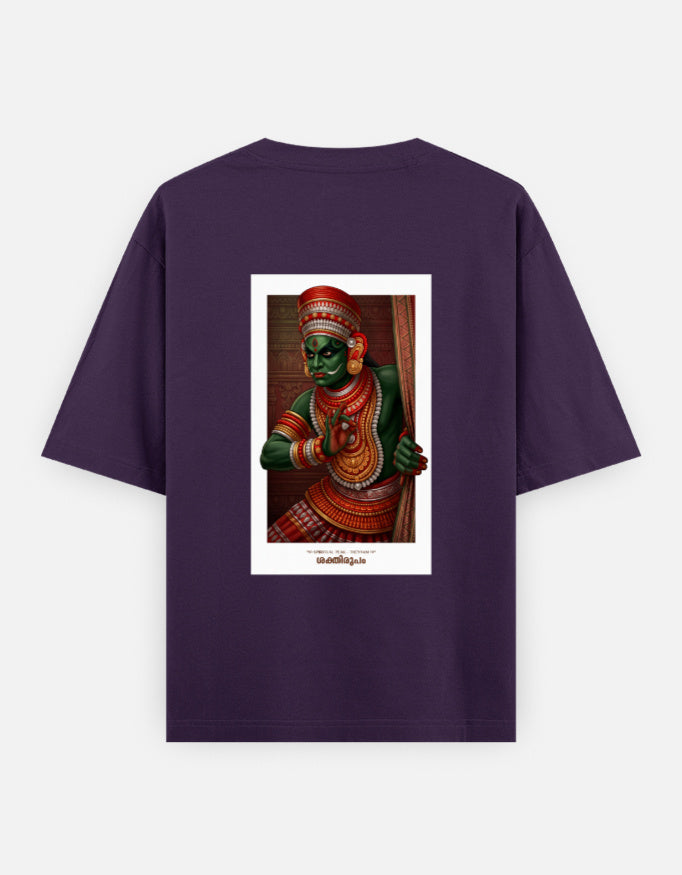Purple oversized unisex round-neck T-shirt with centered deity portrait graphic