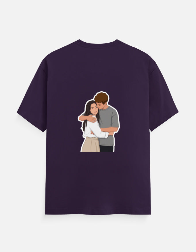 Purple unisex crewneck T-shirt with front couple graphic illustration.