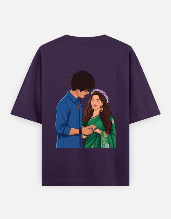 Purple unisex oversized round-neck T-shirt with couple portrait graphic on back