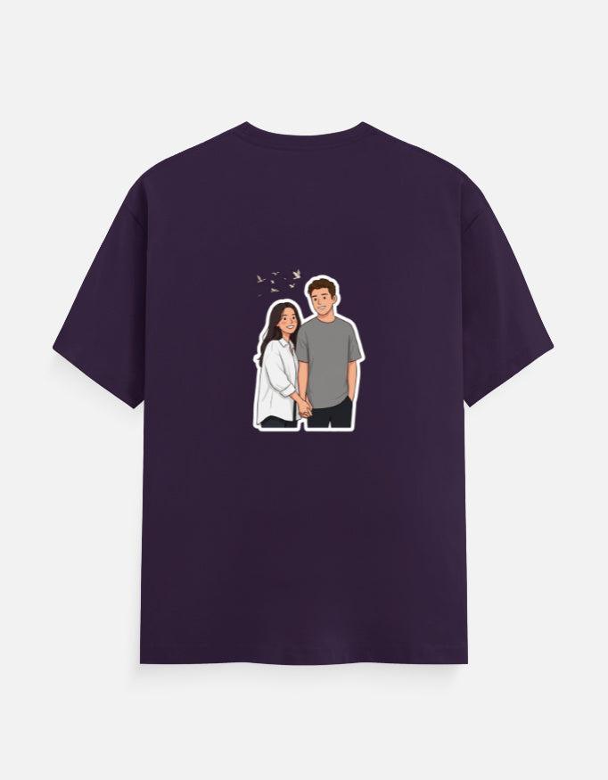 Purple unisex crew neck t-shirt with small couple graphic on the chest
