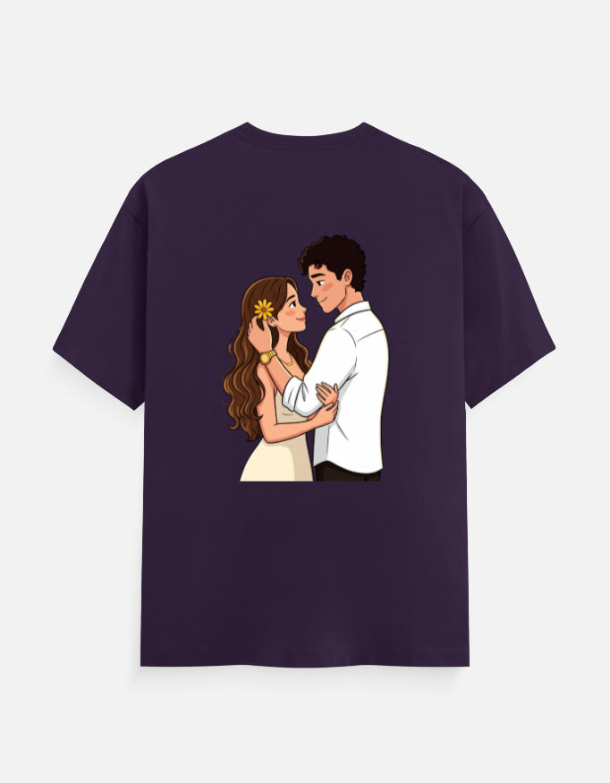 Purple unisex crew-neck T-shirt with colorful couple illustration at center chest