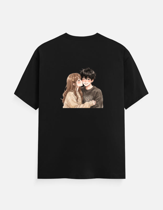Black unisex crew neck T-shirt with couple portrait graphic on the chest