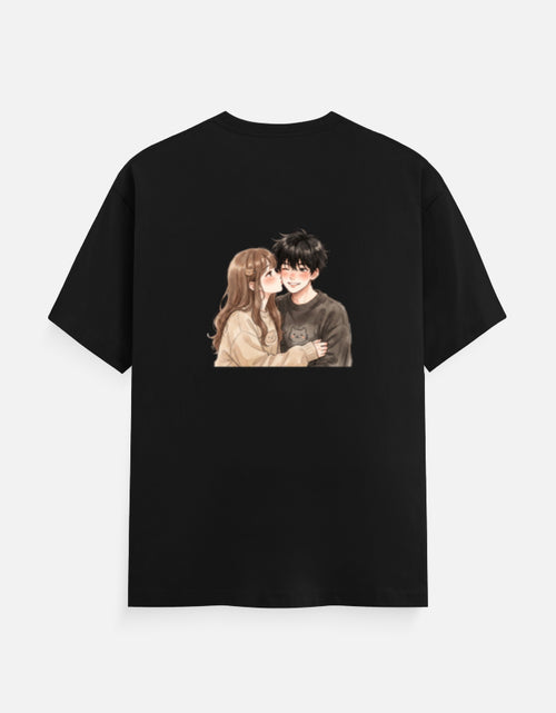 Black unisex crew neck T-shirt with couple portrait graphic on the chest