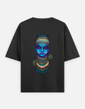 Unisex oversized round-neck T-shirt in black with colorful blue face graphic print