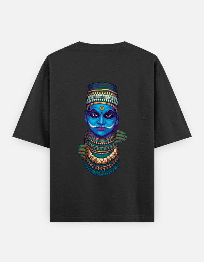 Unisex oversized round-neck T-shirt in black with colorful blue face graphic print