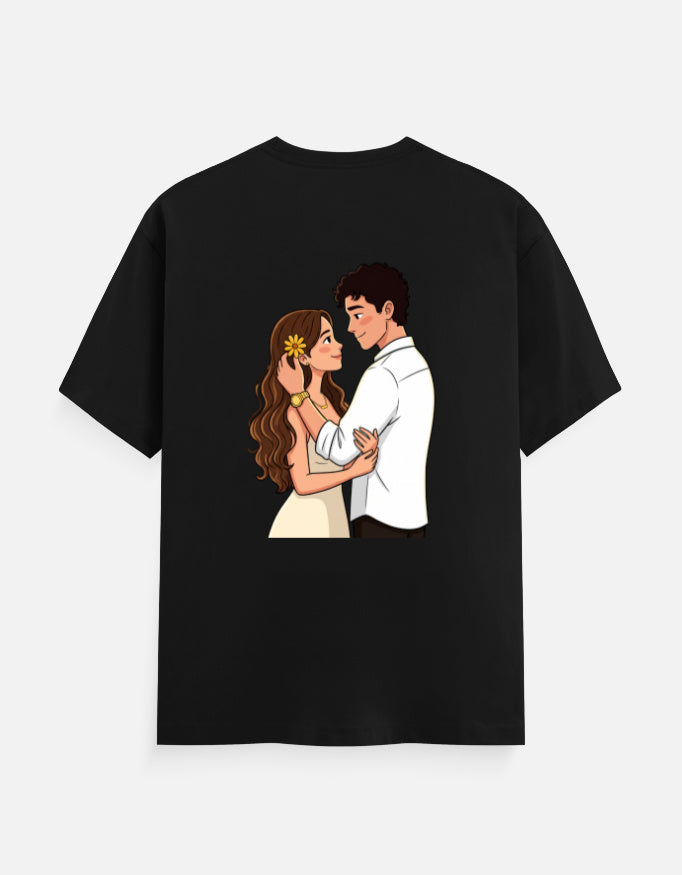 Black unisex crew-neck T-shirt with colorful couple illustration at center chest