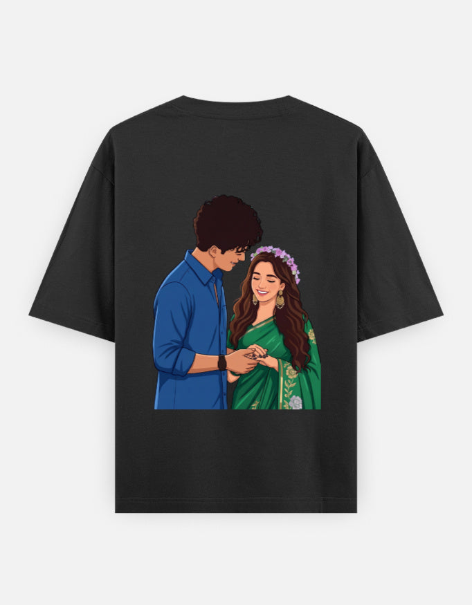 Black unisex oversized round-neck T-shirt with couple portrait graphic on back