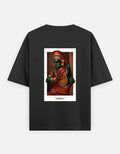 Black oversized unisex round-neck T-shirt with centered deity portrait graphic