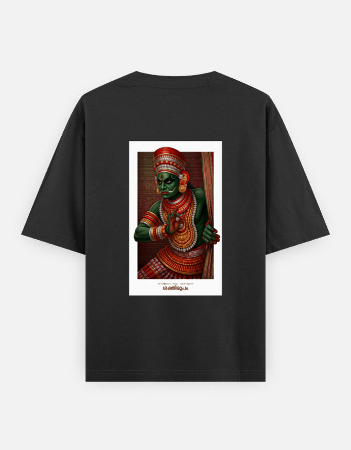 Black oversized unisex round-neck T-shirt with centered deity portrait graphic