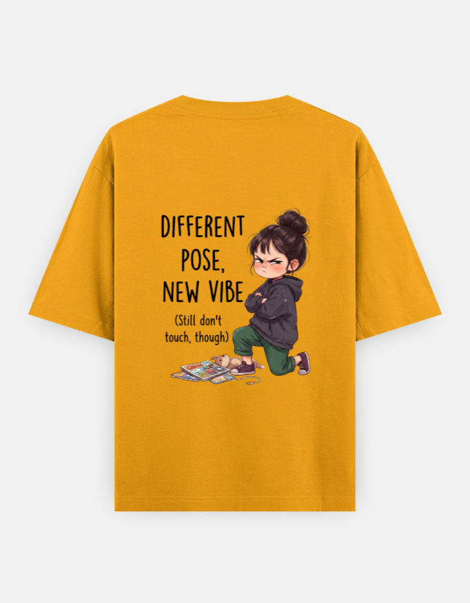 Golden yellow unisex oversized round-neck T-shirt, back graphic: child and 'Different Pose, New Vibe'.