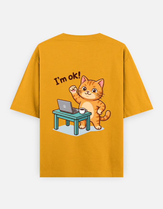 Golden yellow oversized round-neck T-shirt with “I’m ok!” orange cat desk graphic