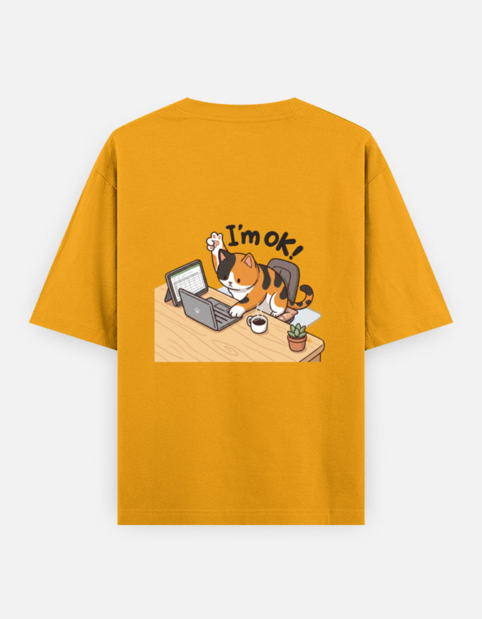 Golden yellow unisex oversized crewneck T-shirt, back graphic of cat at typewriter