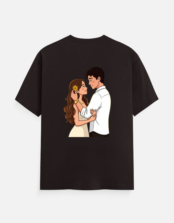 Dark maroon unisex crew-neck T-shirt with colorful couple illustration at center chest