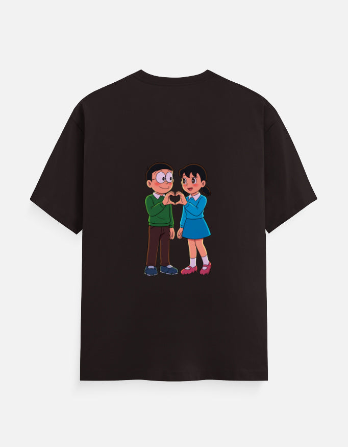 Dark brown unisex crewneck T-shirt with printed cartoon couple at center chest