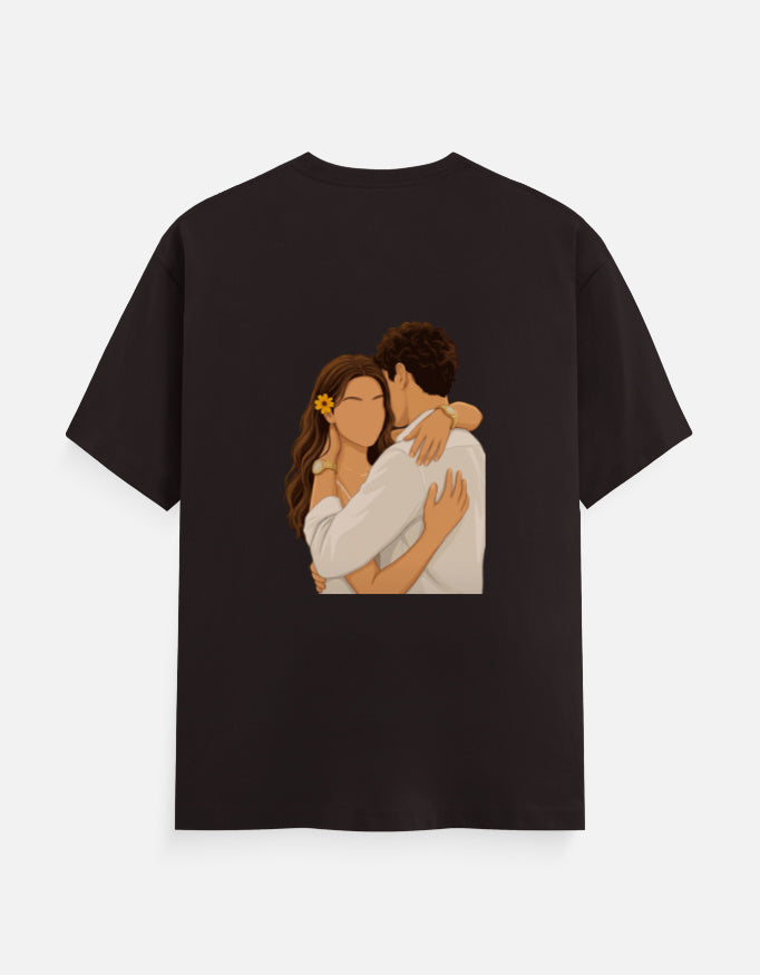 Coffee brown unisex crew T-shirt with round neck and hugging couple graphic on front