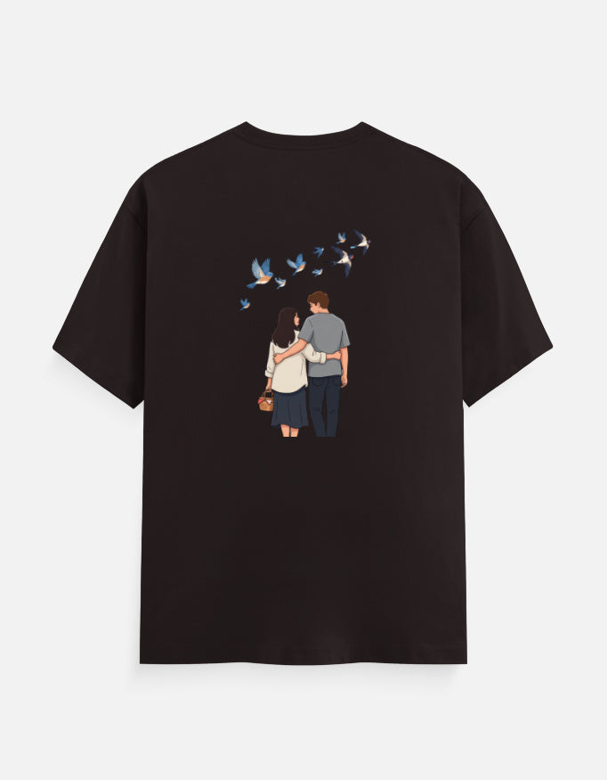Coffee brown unisex crewneck T-shirt with printed couple and birds graphic on front