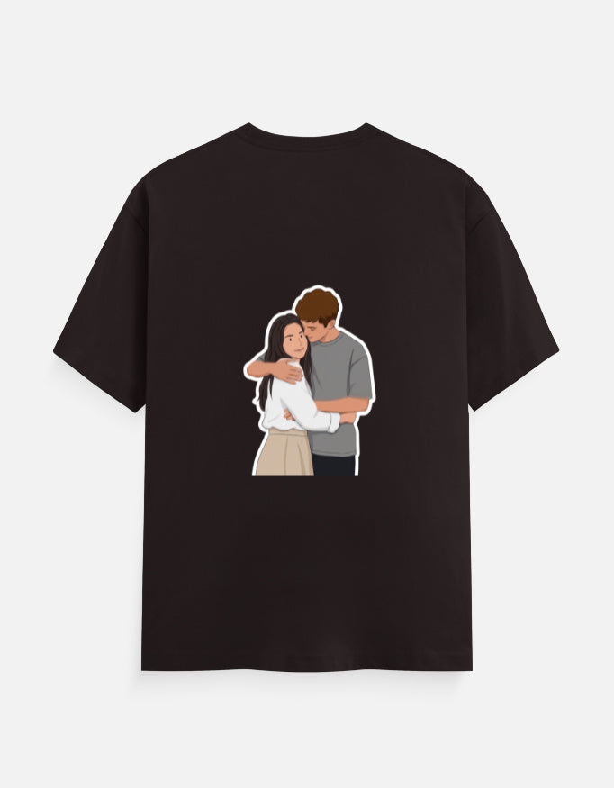 Dark brown unisex crewneck T-shirt with front couple graphic illustration.