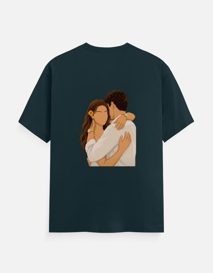 Petrol blue unisex crew T-shirt with round neck and hugging couple graphic on front
