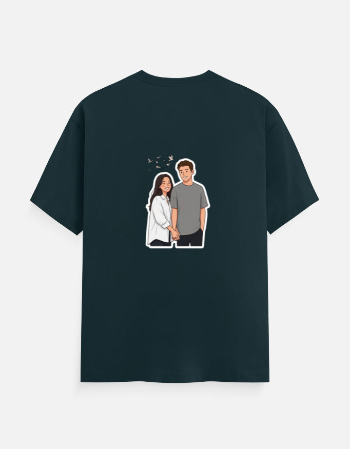 Petrol blue unisex crew neck t-shirt with small couple graphic on the chest