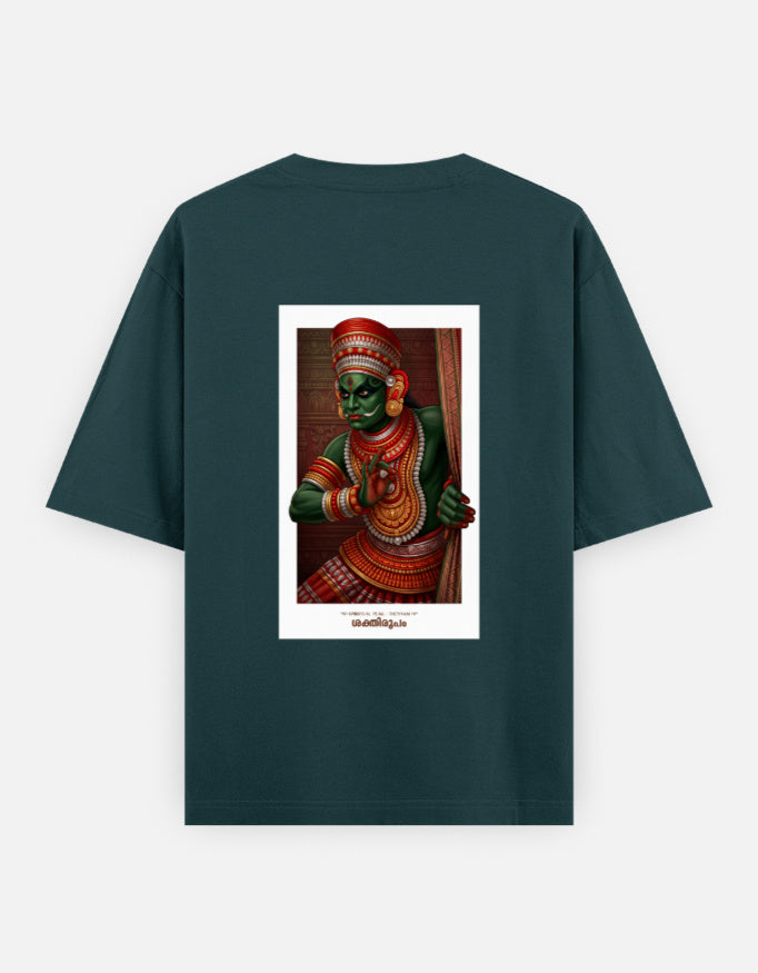 Petrol blue oversized unisex round-neck T-shirt with centered deity portrait graphic