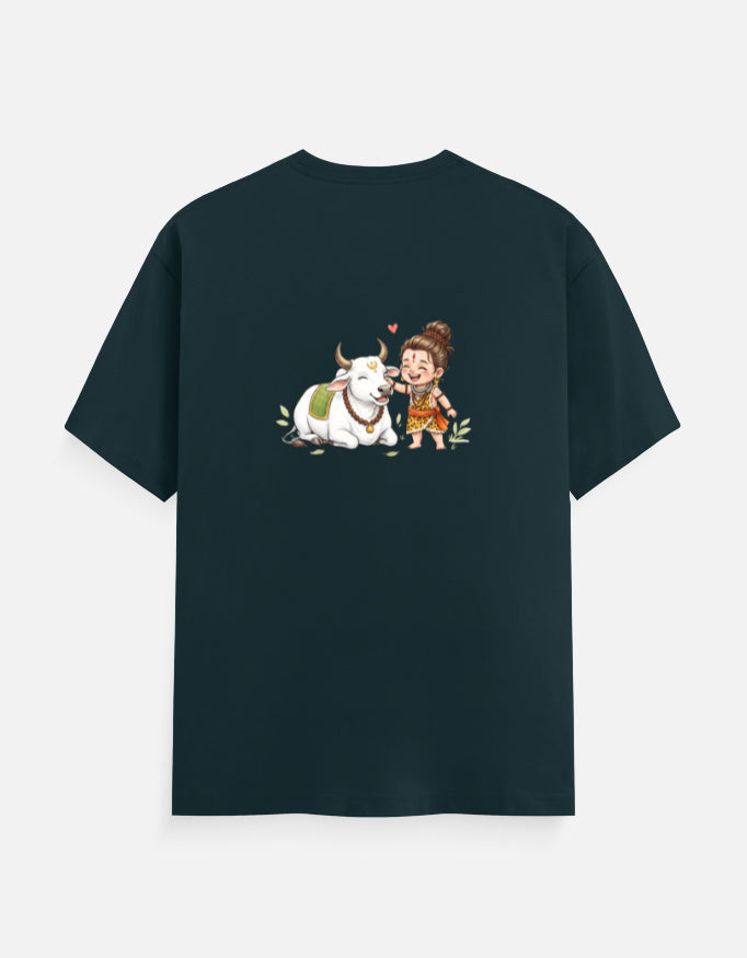 Teal unisex graphic crew-neck t-shirt with centered cartoon cow and child print