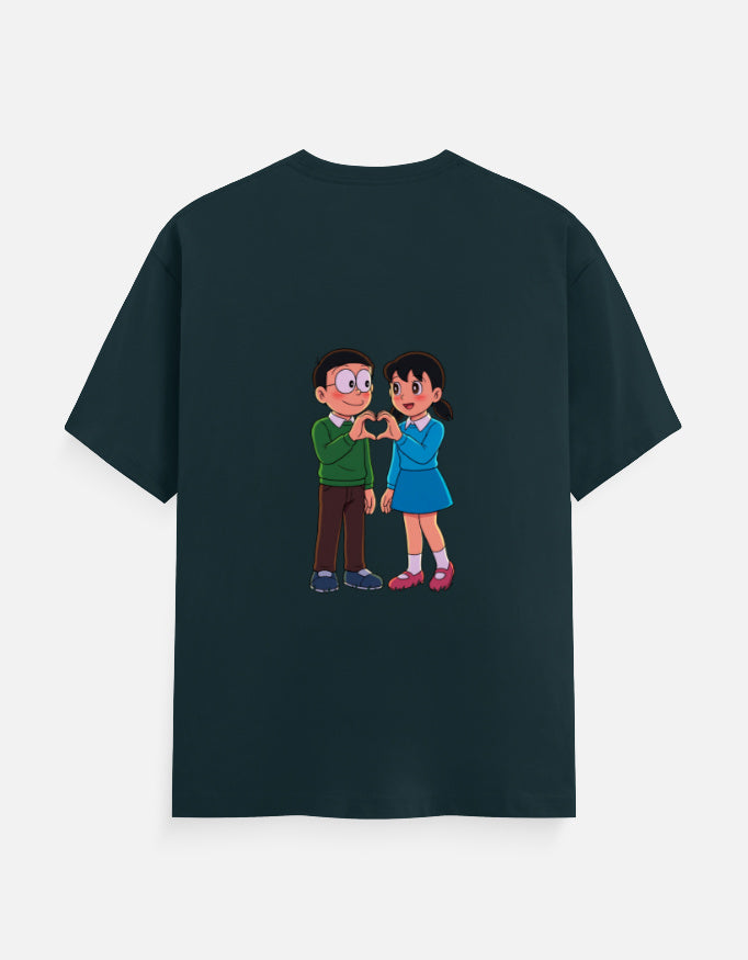 Petrol blue unisex crewneck T-shirt with printed cartoon couple at center chest
